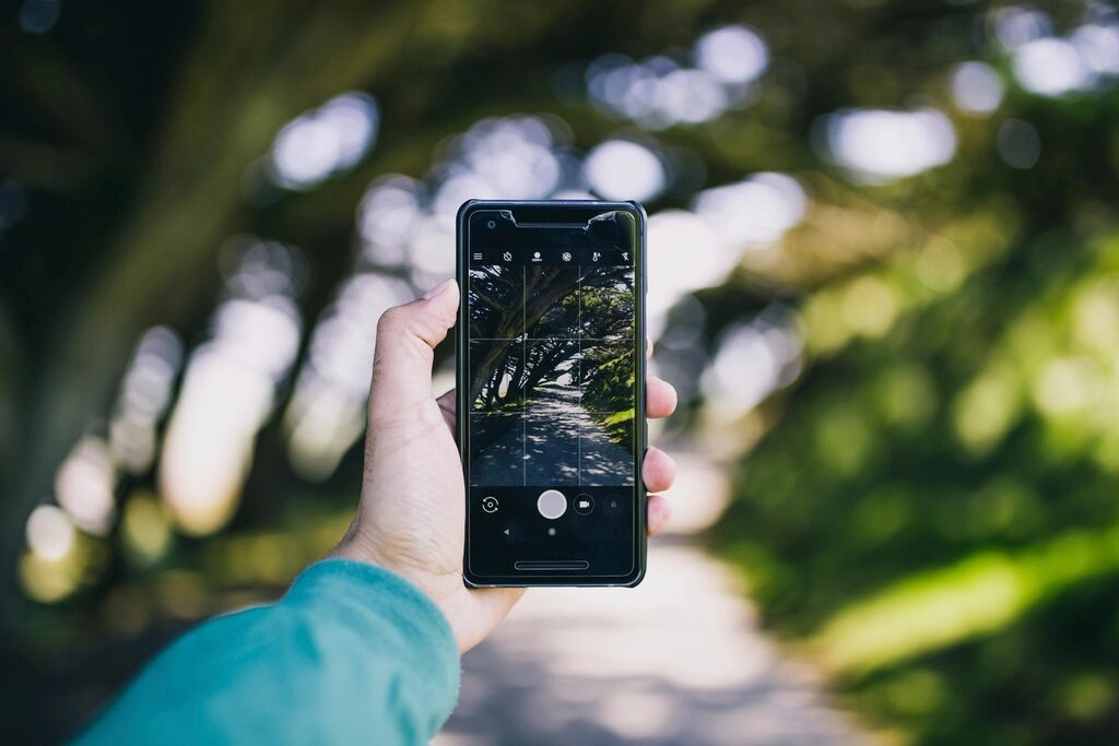 A hand holding a phone on a tree-lined path, showing something on the screen.